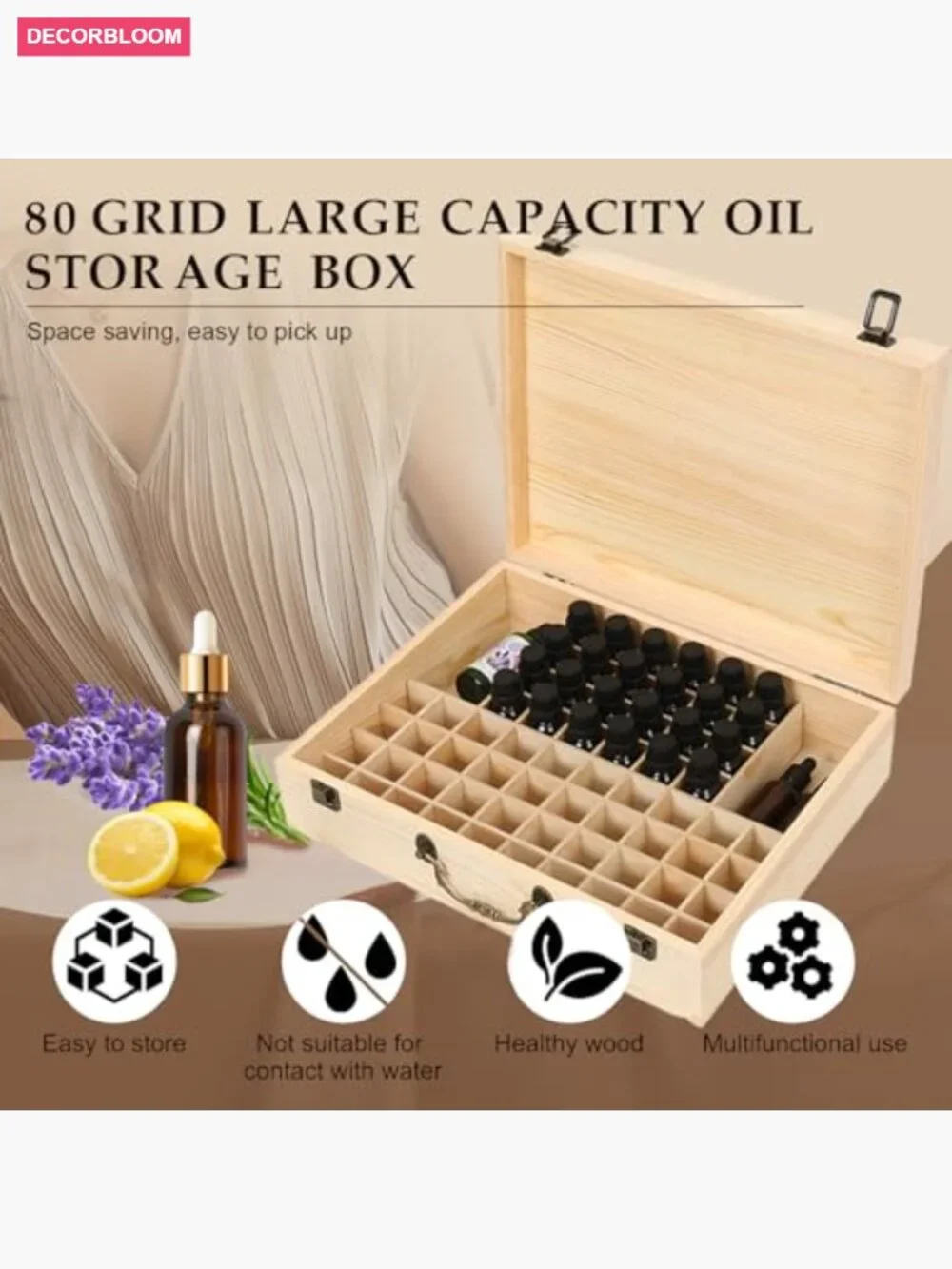 Wooden Essential Oil Storage Box Travel Case Holds 80 Bottles 5-15ml